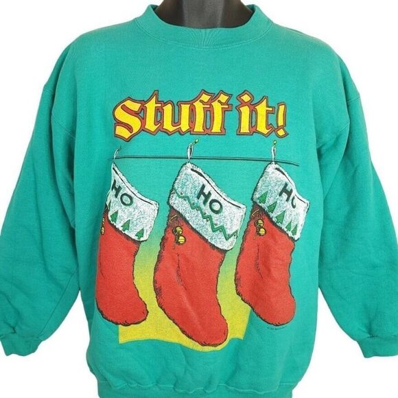 Christmas Stockings Sweatshirt Vintage 80s Stuff It Presents Made In USA Medium - Picture 1 of 6
